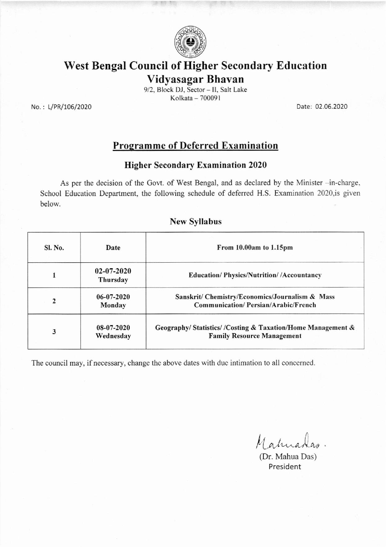 PROGRAMME OF DEFERRED EXAMINATION HS EXAMINATION 2020 New